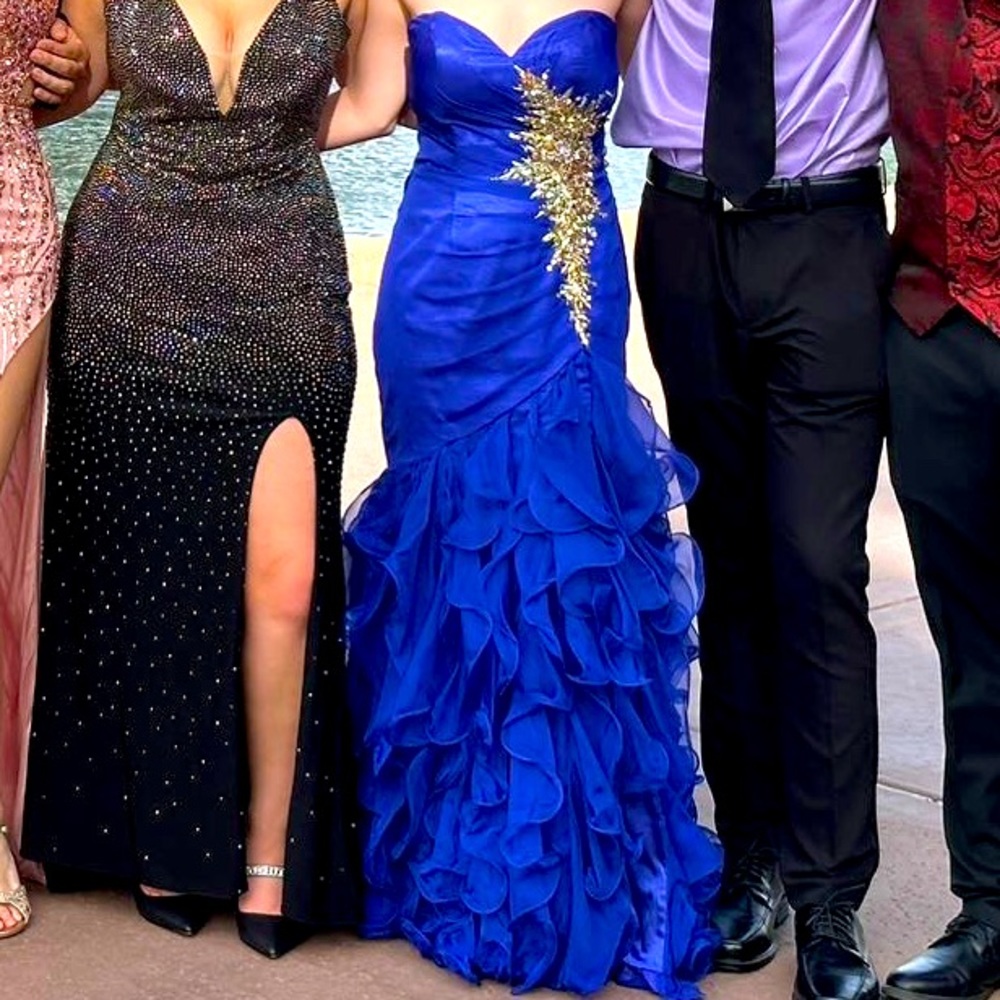 Blue and gold detailed prom dress